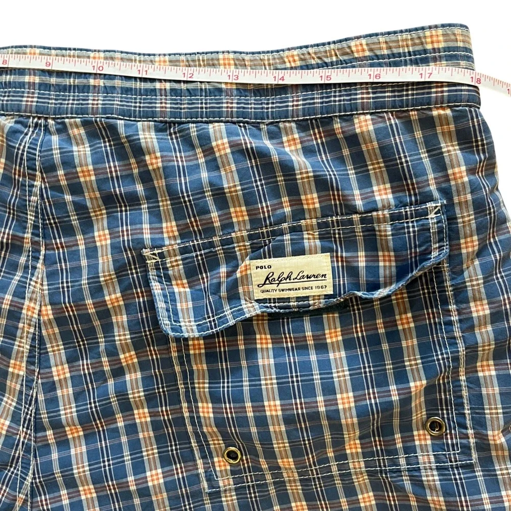 Polo Ralph Lauren Mens Blue Orange Plaid Swim Trunks‎ L Lined 6 Inch Inseam